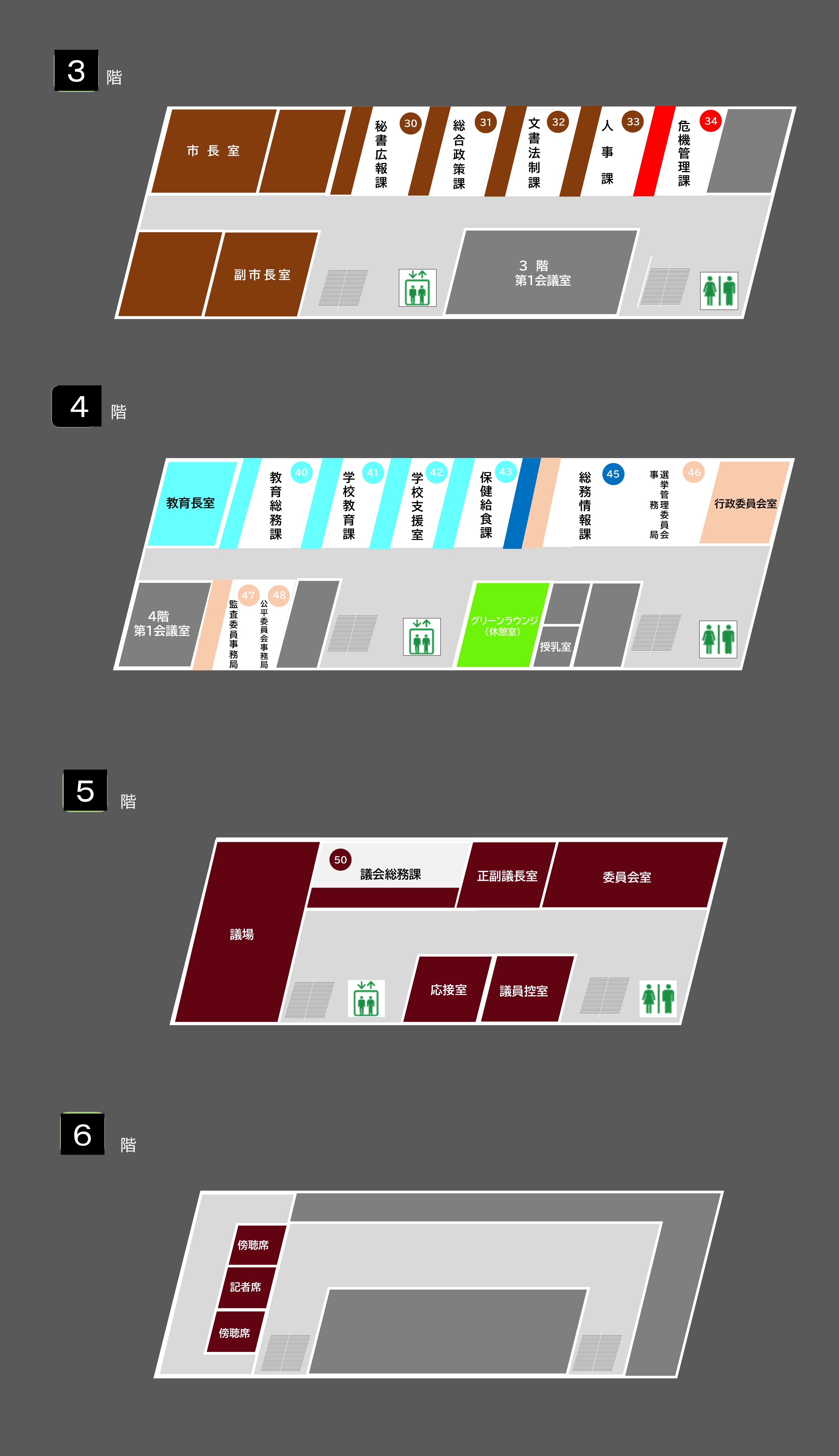 市役所　案内図　3階、4階、5階、6階